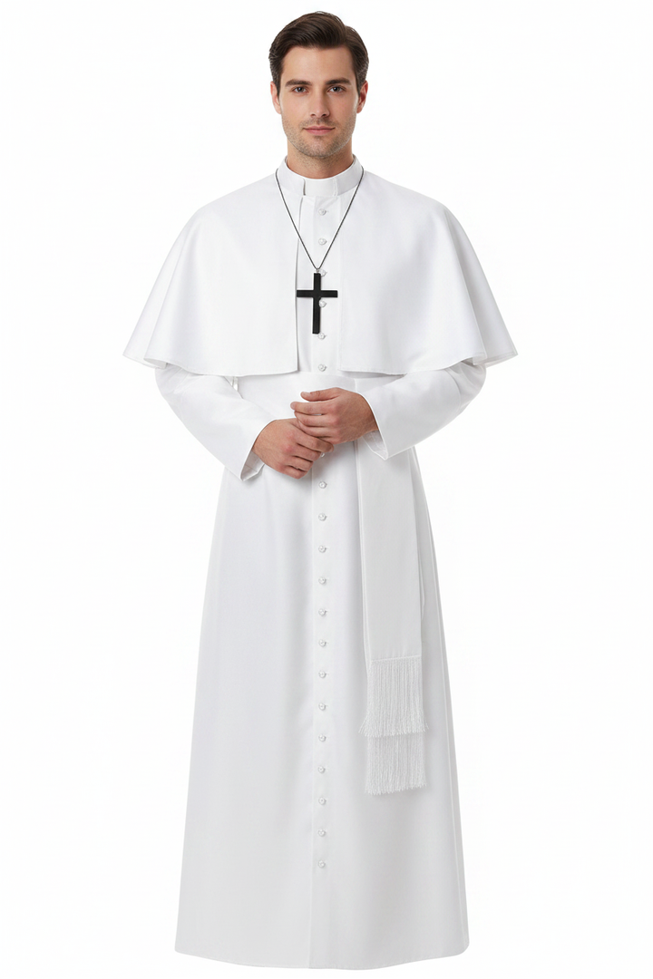 Male model wearing white clergy cape cassock robe set full body front view, white background