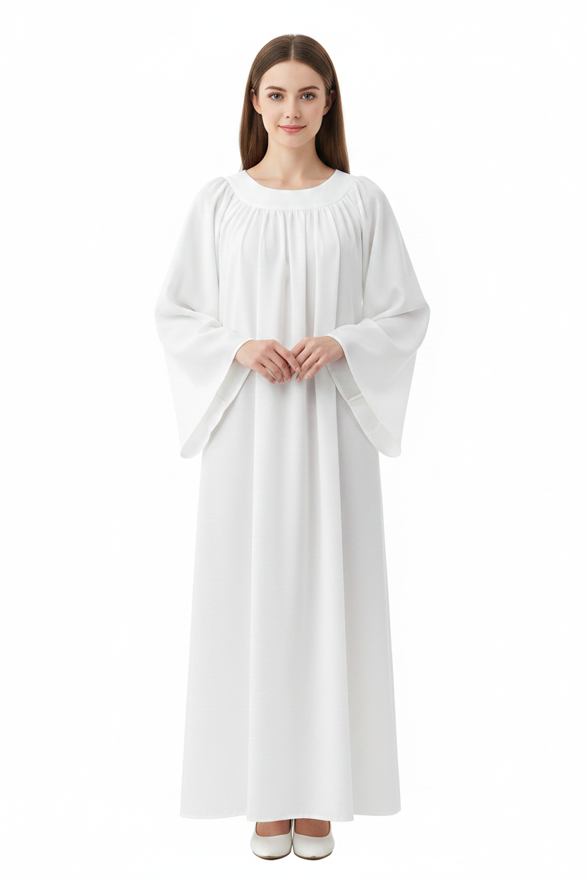 Female model wearing white matte choir robe with round neckline pleats and bell sleeves, full body front view, white background