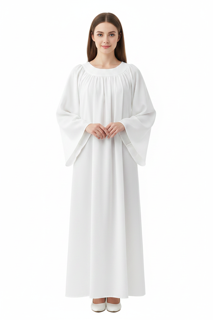 Female model wearing white matte choir robe with round neckline pleats and bell sleeves, full body front view, white background