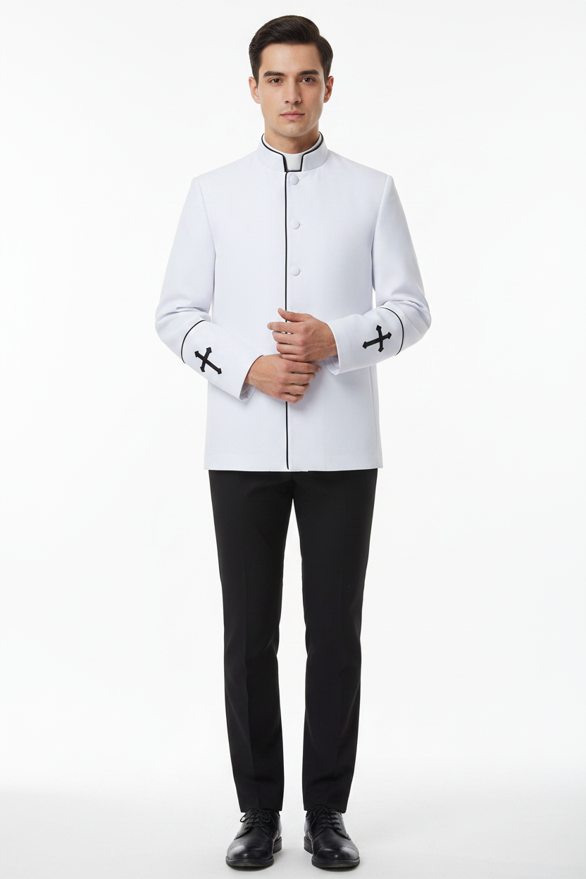 Model wearing white clergy mandarin collar jacket with black trim and cross embroidery, white background