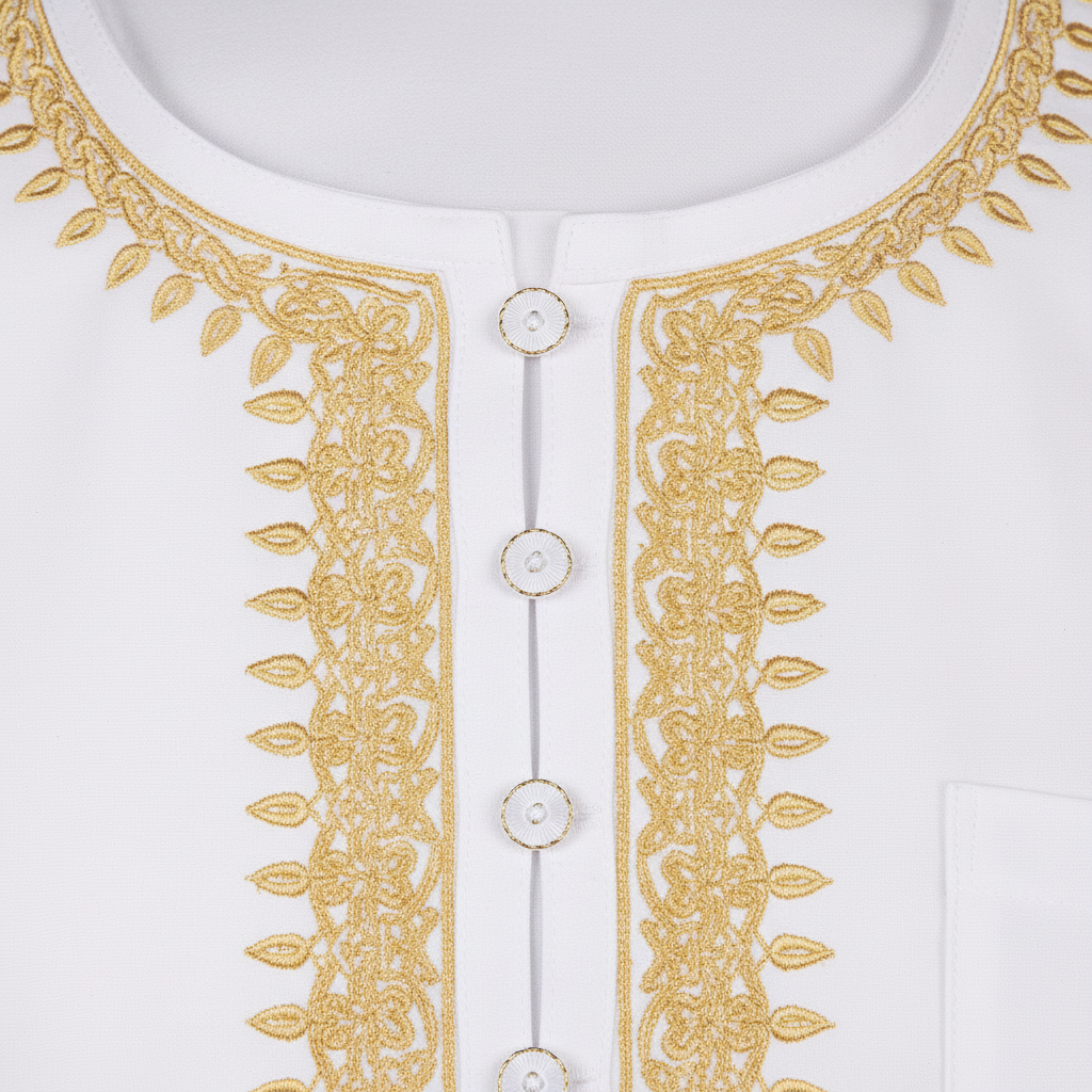 Close-up detail of white thobe neckline showing elaborate gold U-shape embroidery pattern and decorative buttons on placket, white background