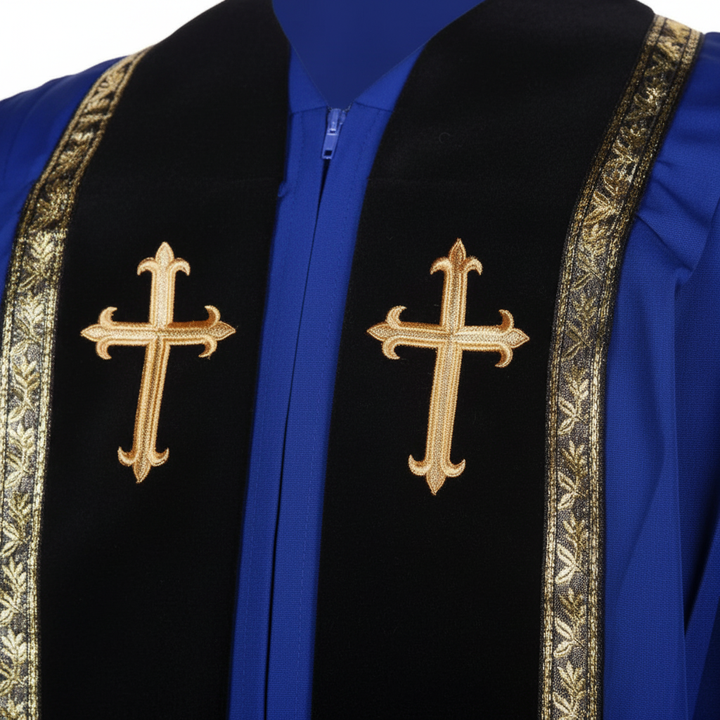 Close-up detail of royal blue clergy robe chest showing two gold cross badges on black velvet stole panel with gold wheat brocade trim, white background