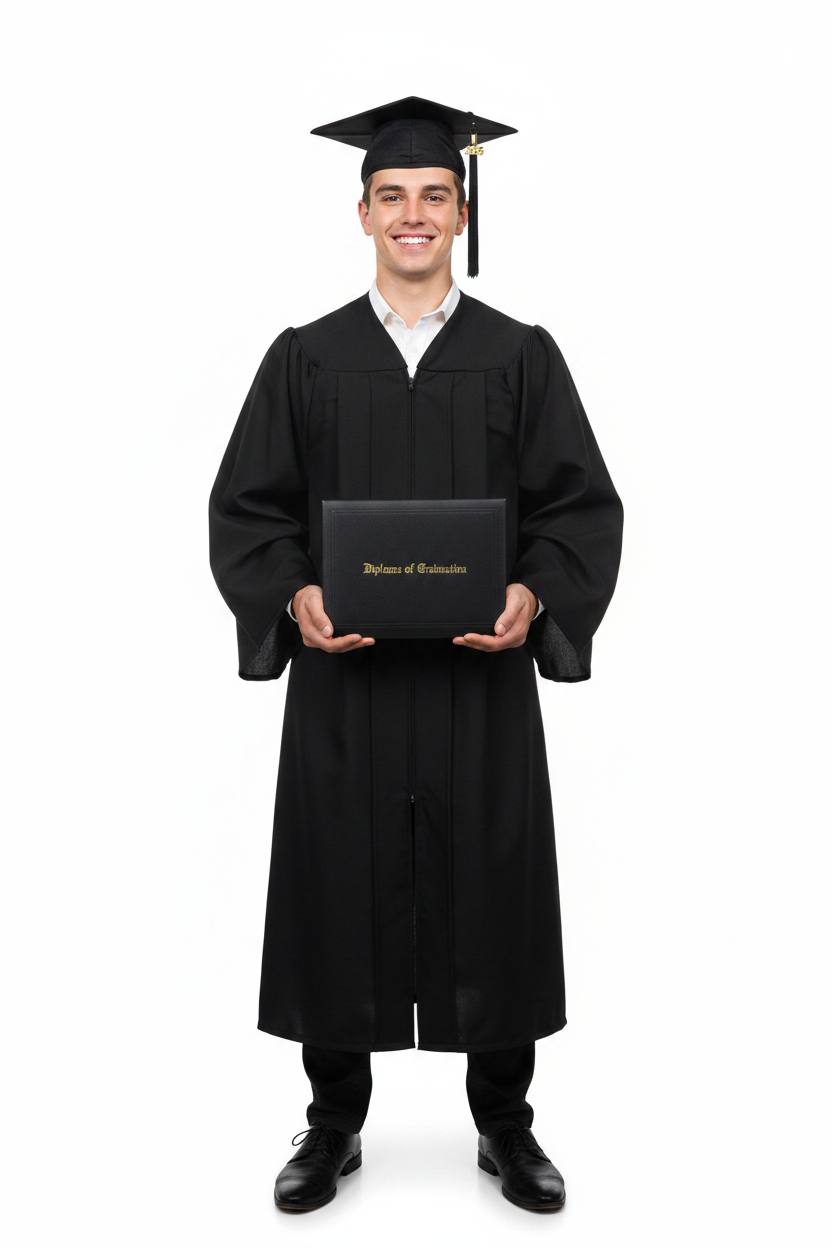 Premium Matte Graduation Cap, Gown, Tassel and Diploma Cover Package - Model Display