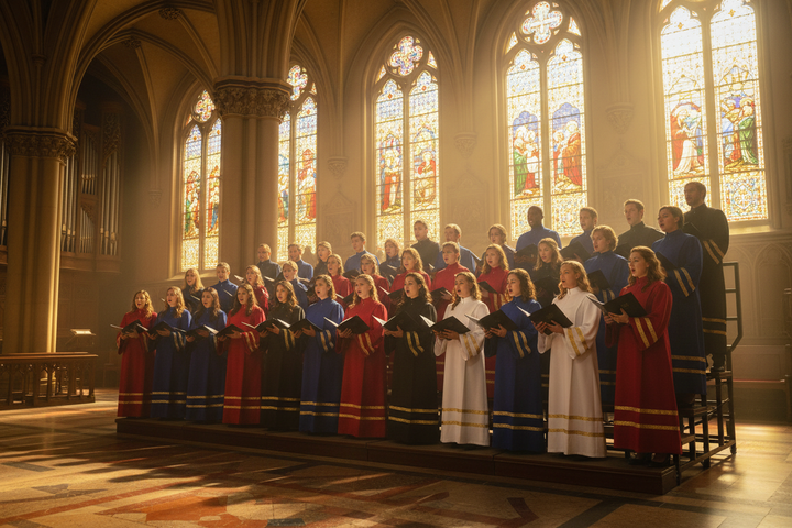 Church choir group wearing matching liturgical robes in blue red black and white with gold trim, singing in cathedral