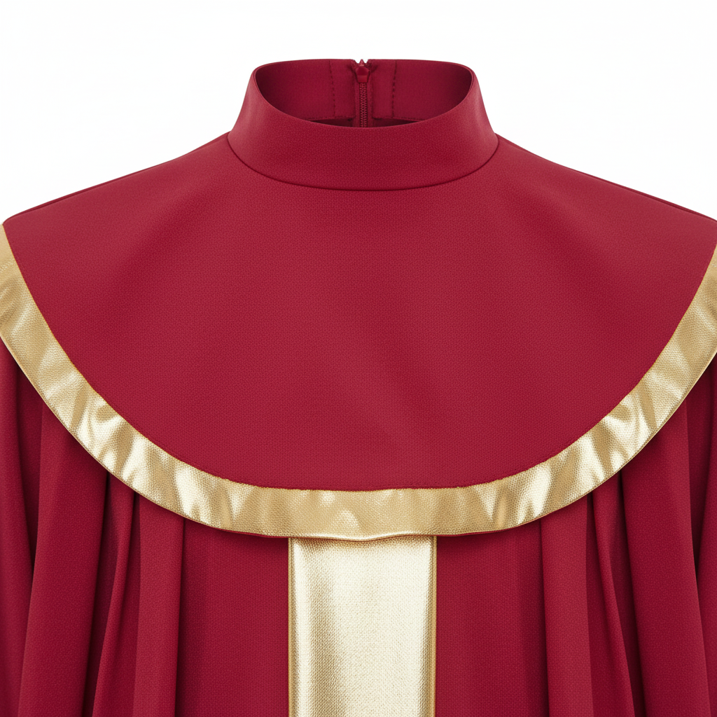 Close-up detail of red choir robe gold center stripe and gold cape collar trim, white background