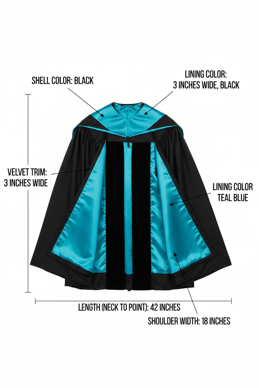 Custom graduation academic hood product diagram showing shell color, lining and velvet trim measurements