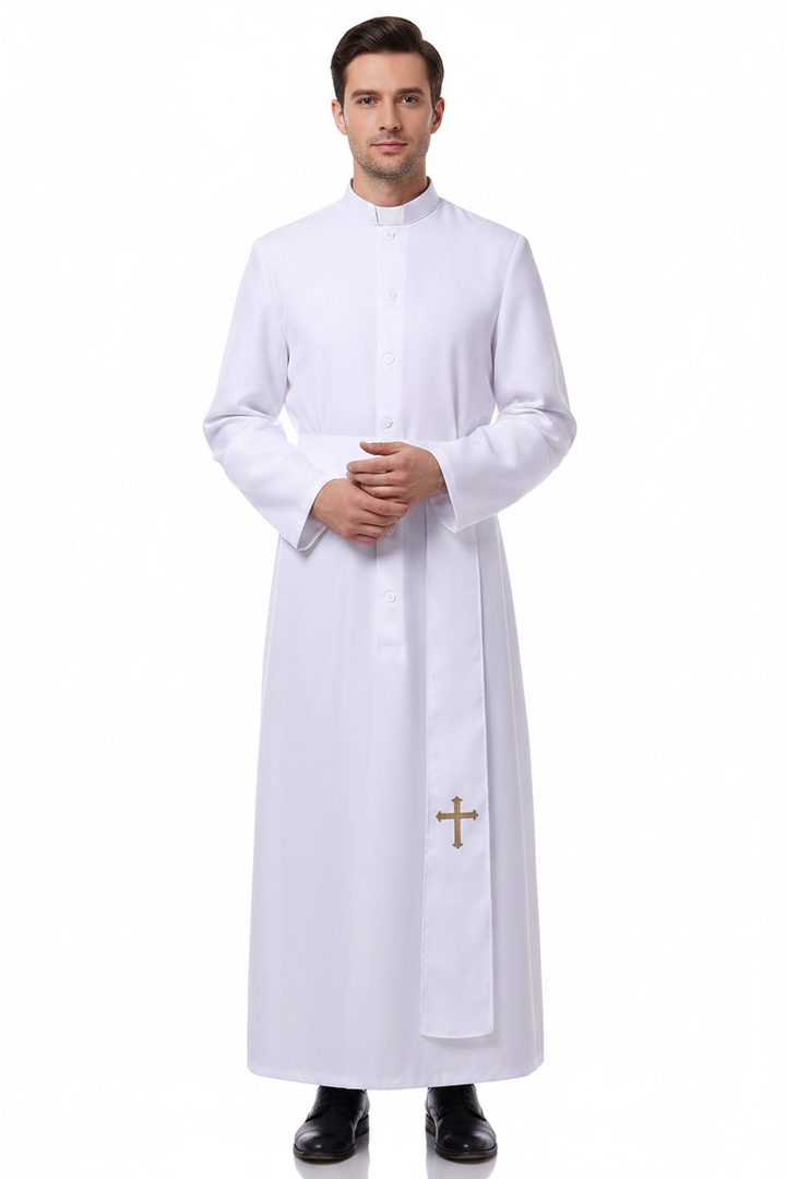 Male model wearing white Catholic cassock robe with clerical collar and gold cross embroidery at hem, full body front view, white background