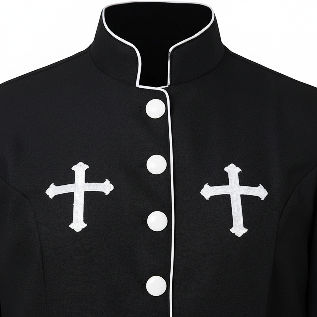Close-up detail of black clergy cassock robe showing twin white cross embroidery on chest and stand collar with white piping trim, white background