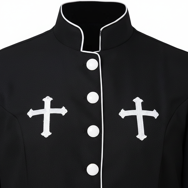 Close-up detail of black clergy cassock robe showing twin white cross embroidery on chest and stand collar with white piping trim, white background