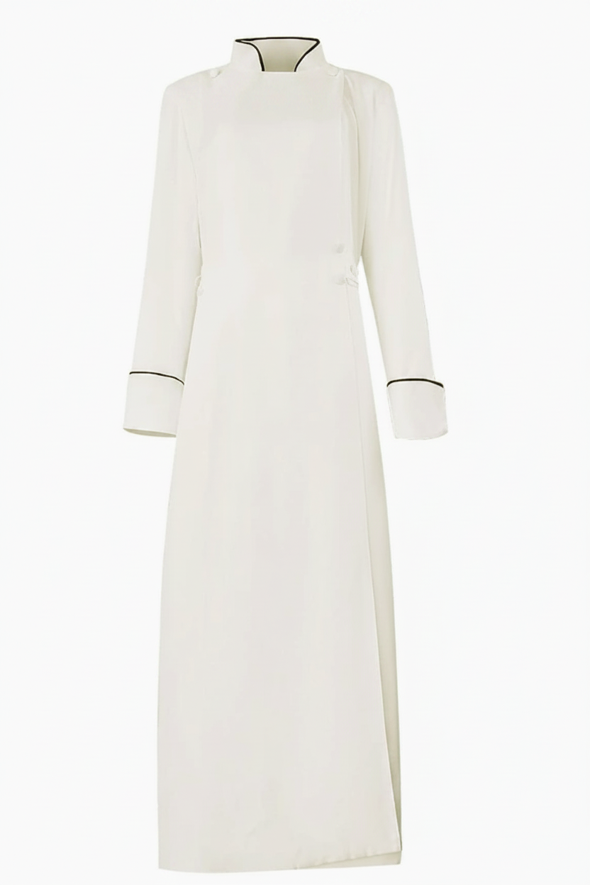 White Medieval Clergy Cassock Robe with Black Trim - Product Display White Background