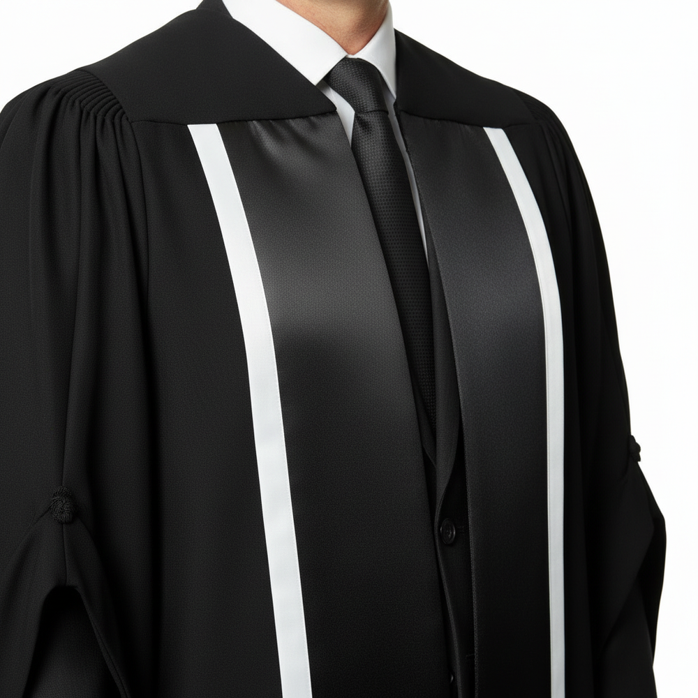 UK PhD Doctoral Gown - White Satin Front Trim Panels Detail