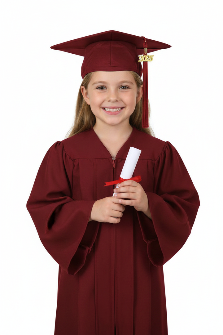 Matte Burgundy Elementary Cap and Gown - Model Display