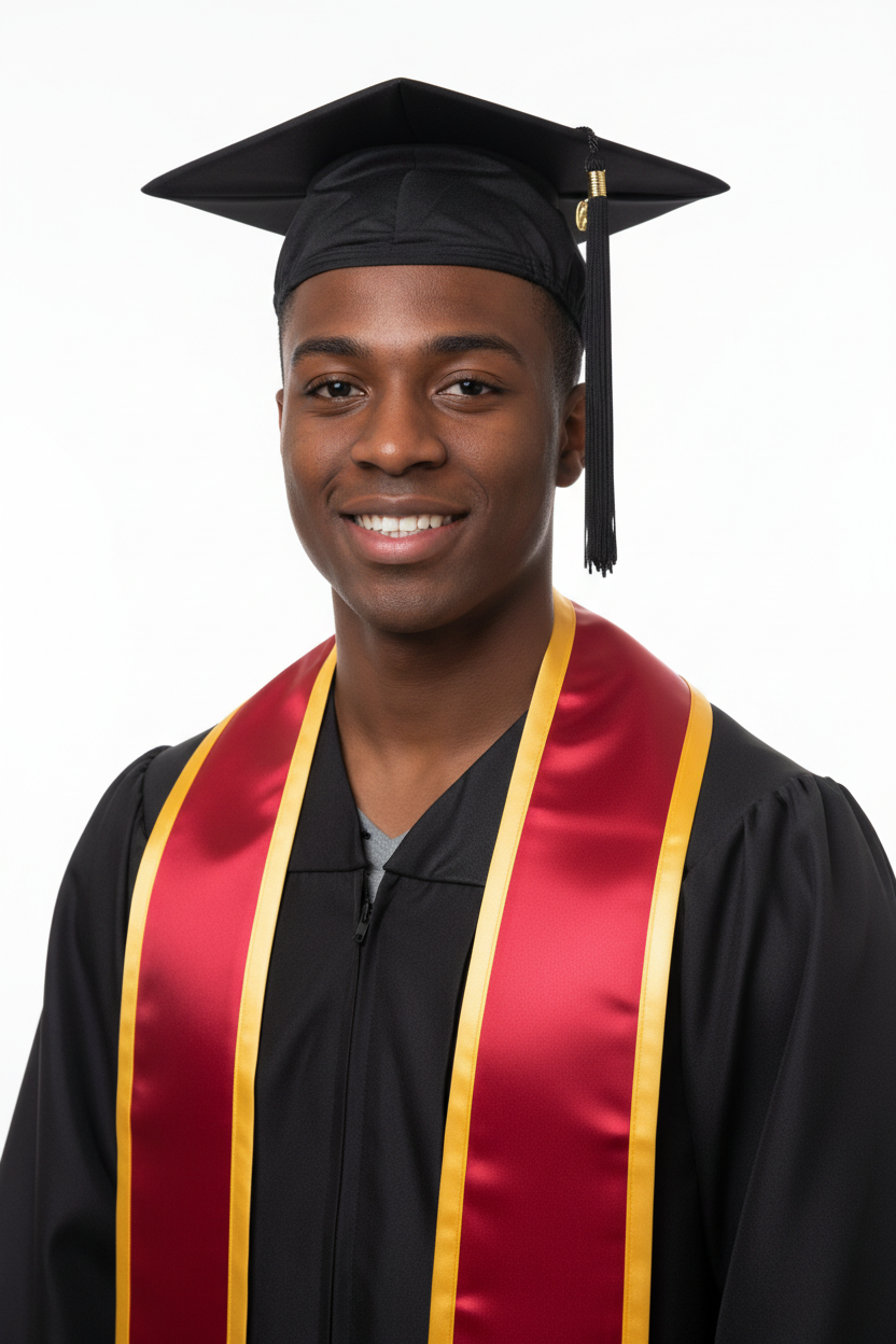 Red Slanted Graduation Stole with Gold Trim model display