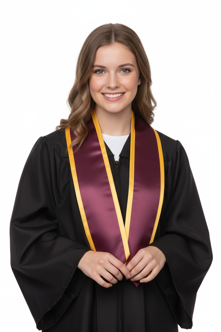 Maroon Pointed Graduation Stole with Gold Trim model display