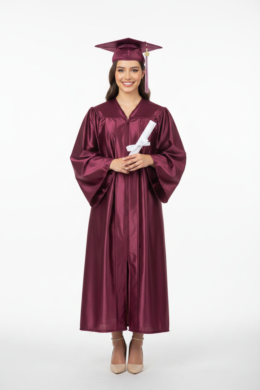 Shiny Maroon High School Cap & Gown - Model Shot