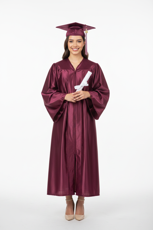 Shiny Maroon High School Cap & Gown - Model Shot