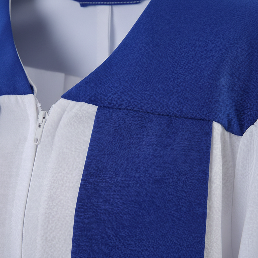 Close-up detail of white choir robe showing royal blue shoulder yoke panel contrast, macro shot, white background