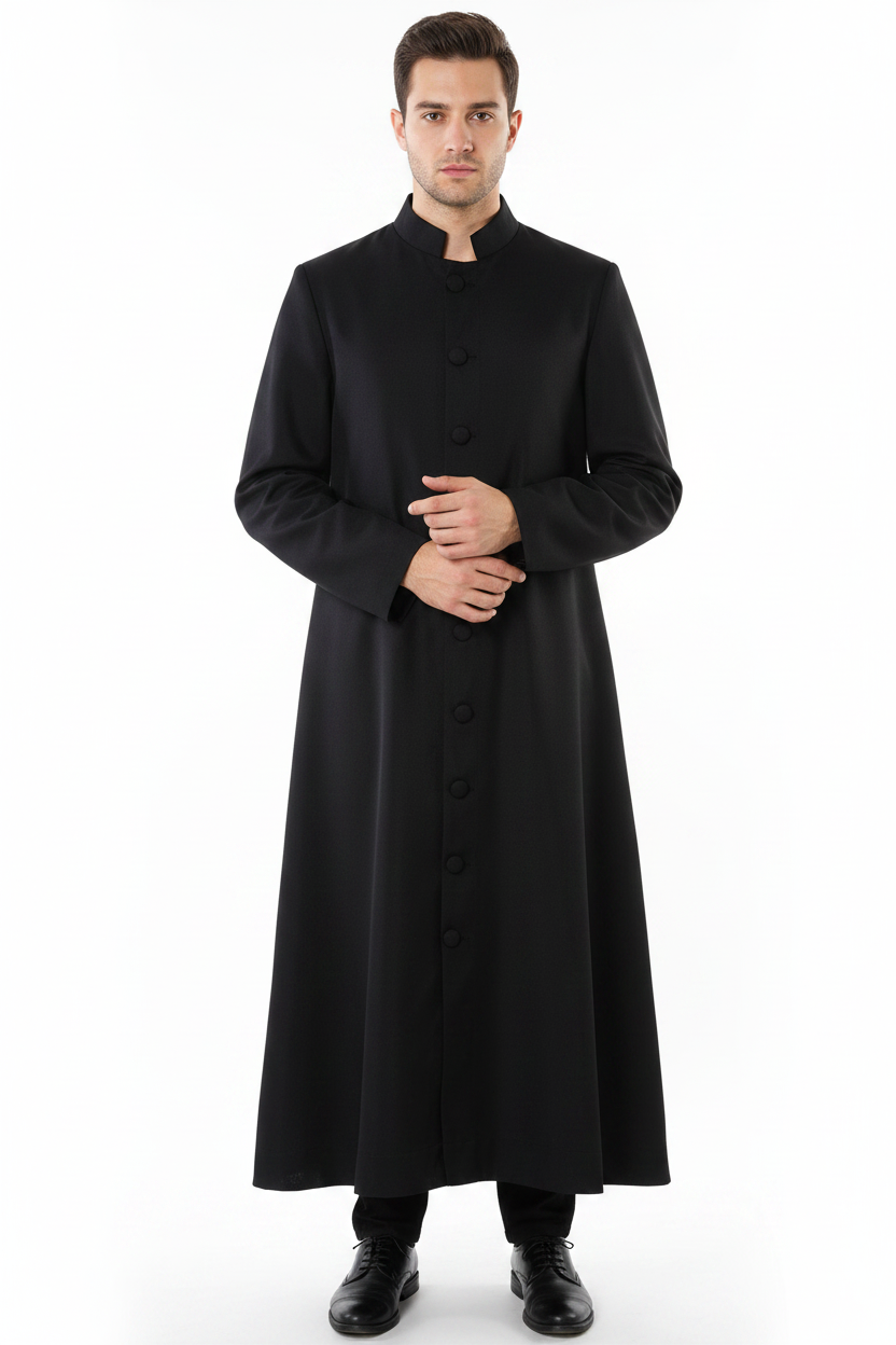 Male model wearing black matte stand collar inner wear robe with front buttons and A-line hem, full body front view, white background