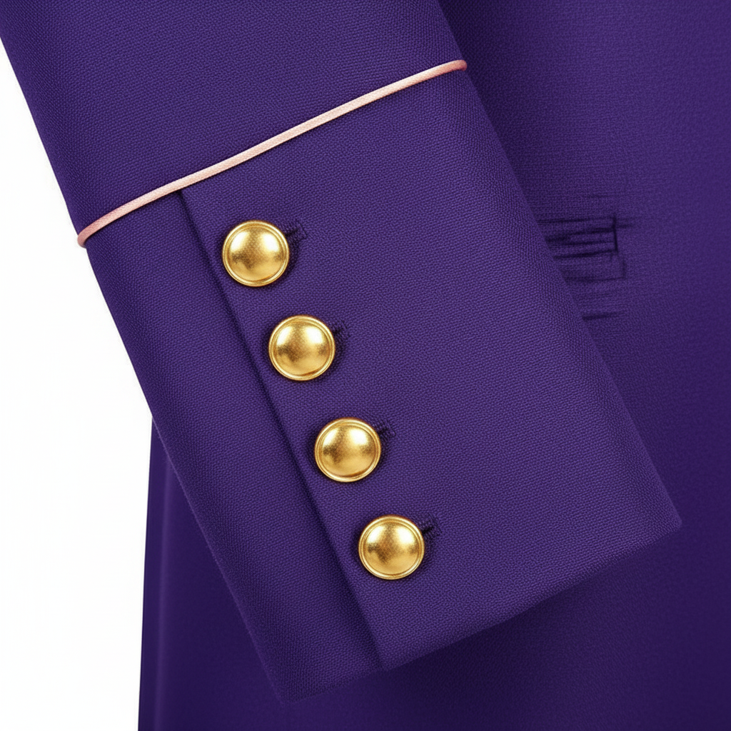 Close-up detail of purple clergy frock coat sleeve cuff with gold piping trim and row of small gold buttons, white background