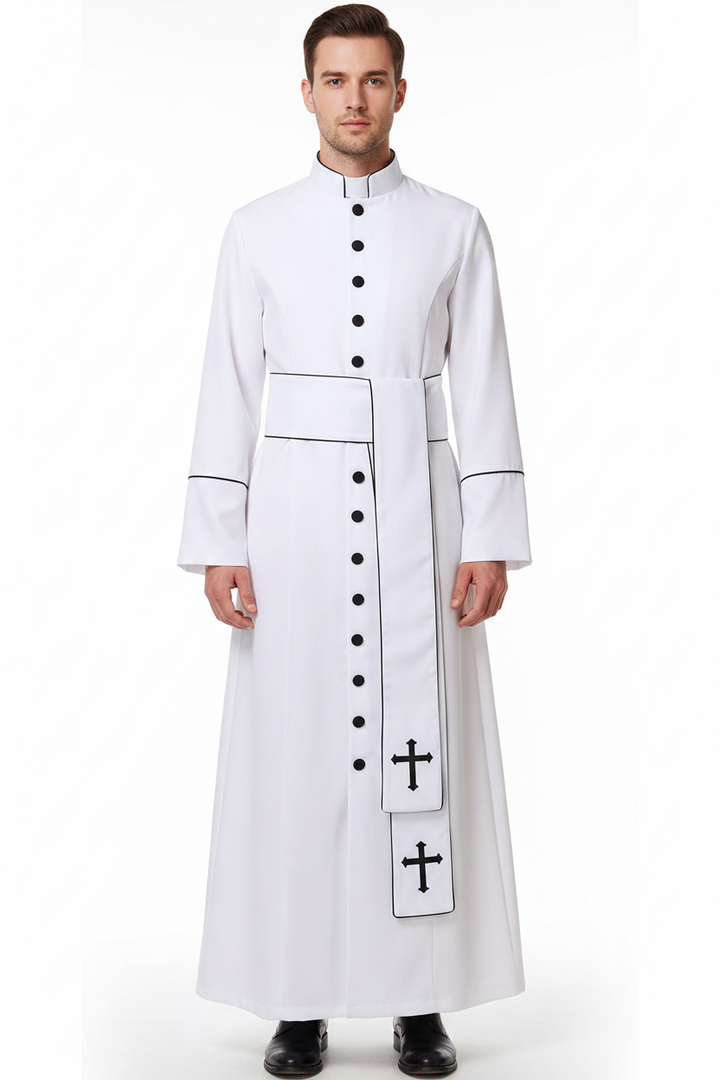 Male model wearing white clergy cassock robe with black cross embroidery, black buttons and piping trim, waist belt and stole, full body front view, white background