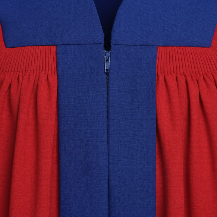 Close-up detail of red choir robe contrast yoke and royal blue trim, white background