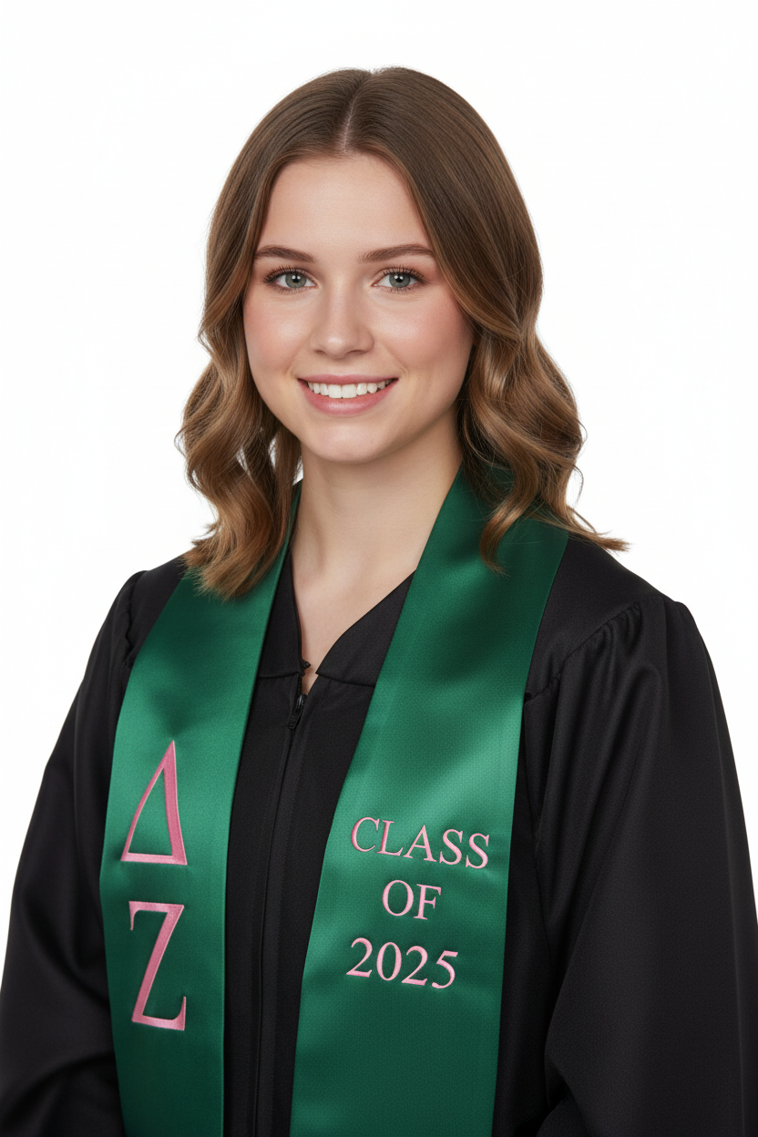 Delta Zeta Lettered Stole w/ Year model display
