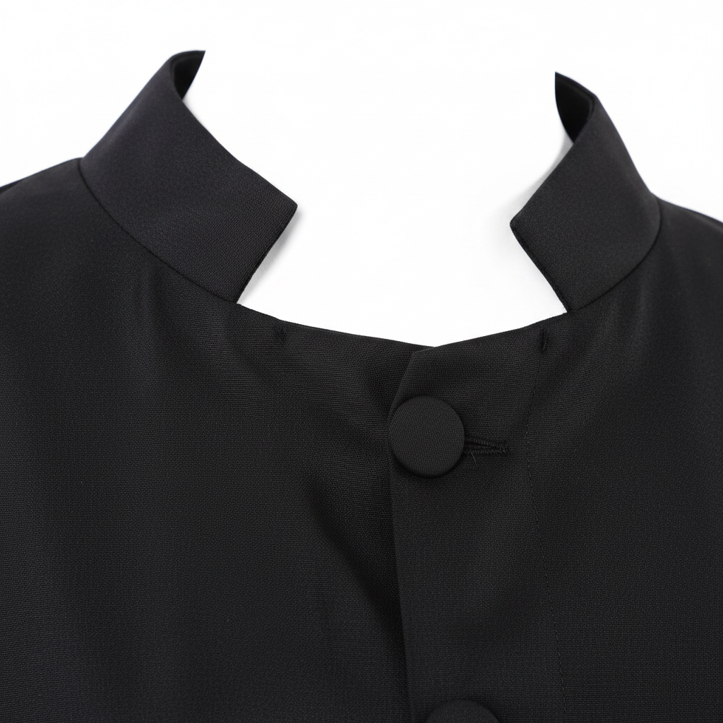 Close-up detail of black inner wear robe showing stand collar neckline and front button closure row, white background