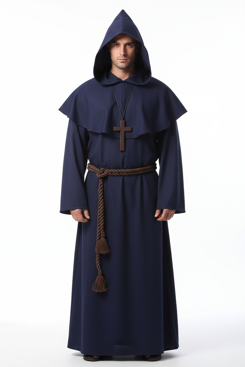 Male model wearing navy blue medieval monk hooded robe full body front view, white background