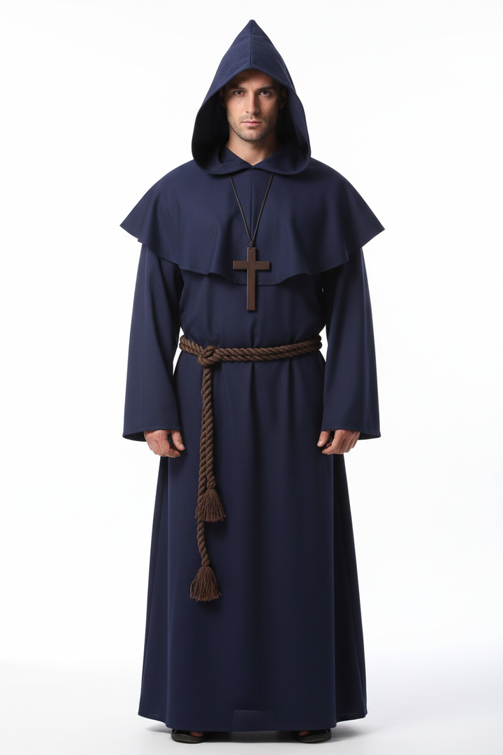 Male model wearing navy blue medieval monk hooded robe full body front view, white background