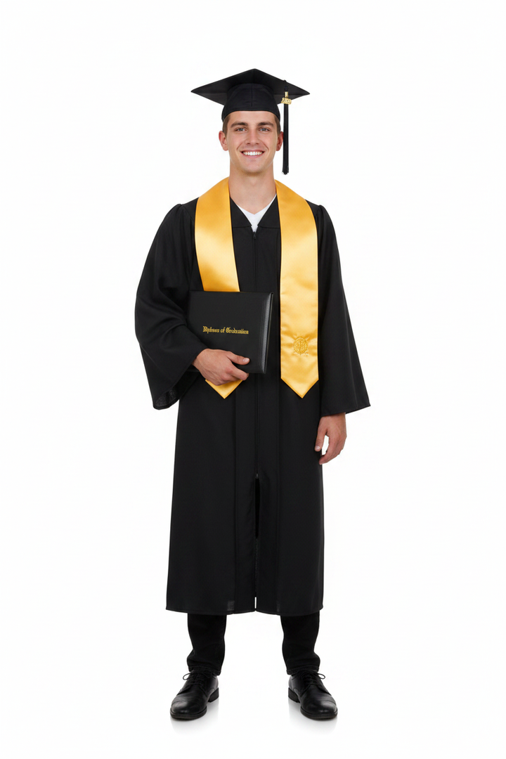 Premium Matte Graduation Cap, Gown, Stole and Diploma Cover Package - Model Display