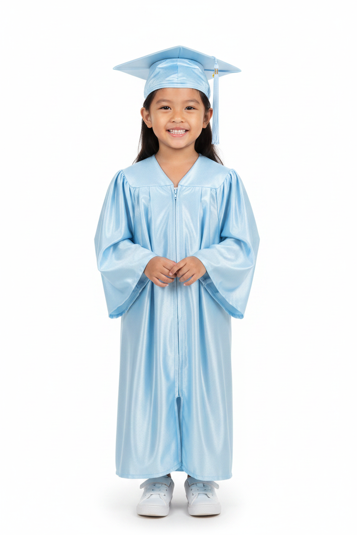 Shiny Light Blue Kindergarten/Preschool Gown - Model Shot