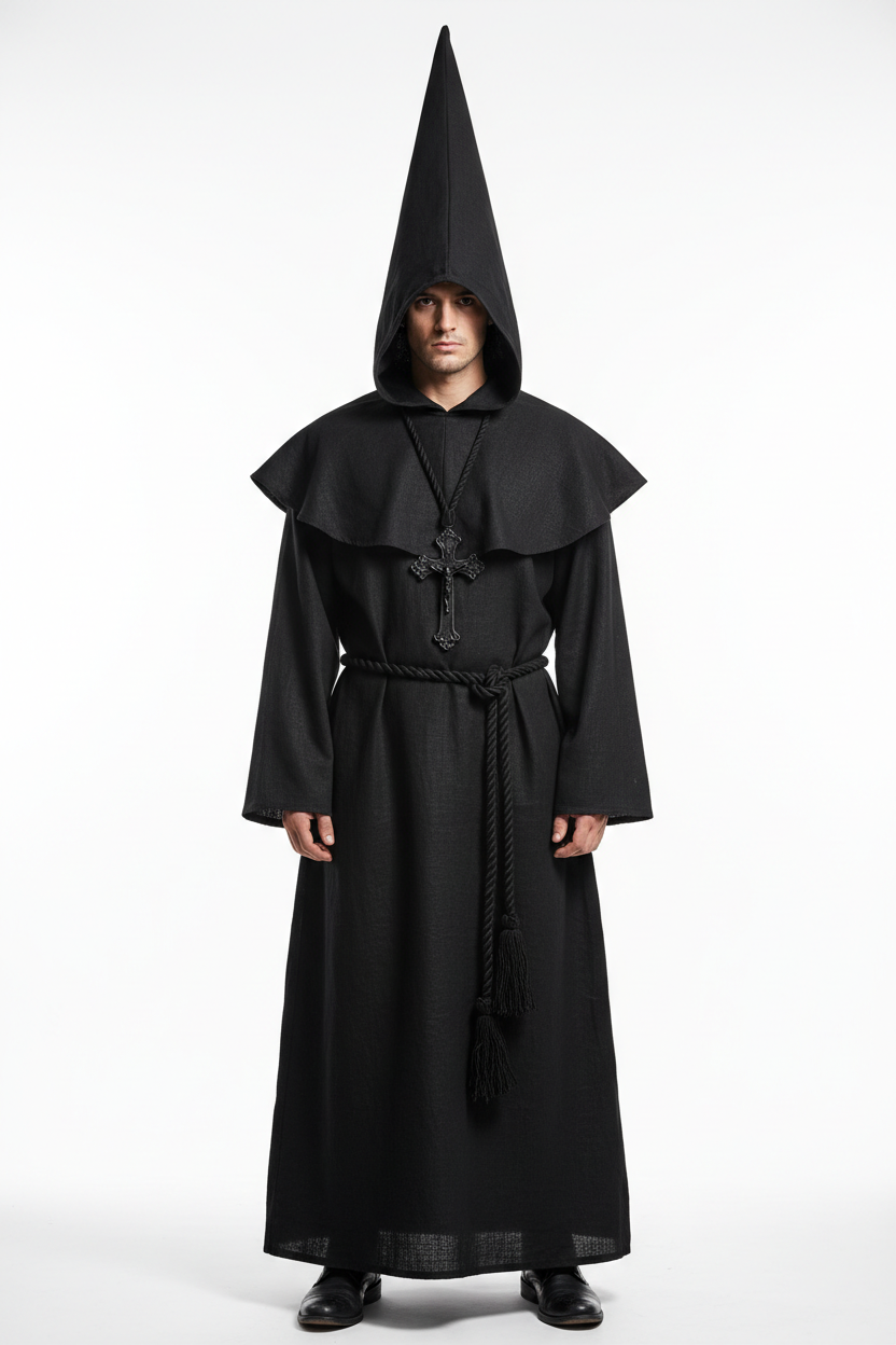 Male model wearing black medieval monk hooded robe full body front view, white background