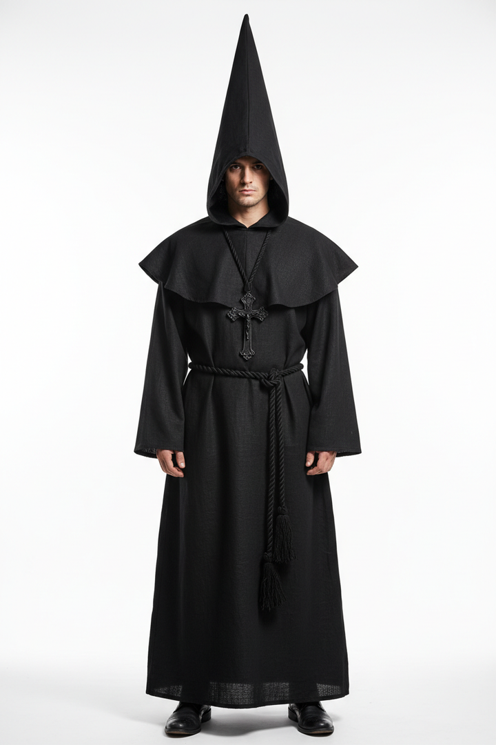 Male model wearing black medieval monk hooded robe full body front view, white background