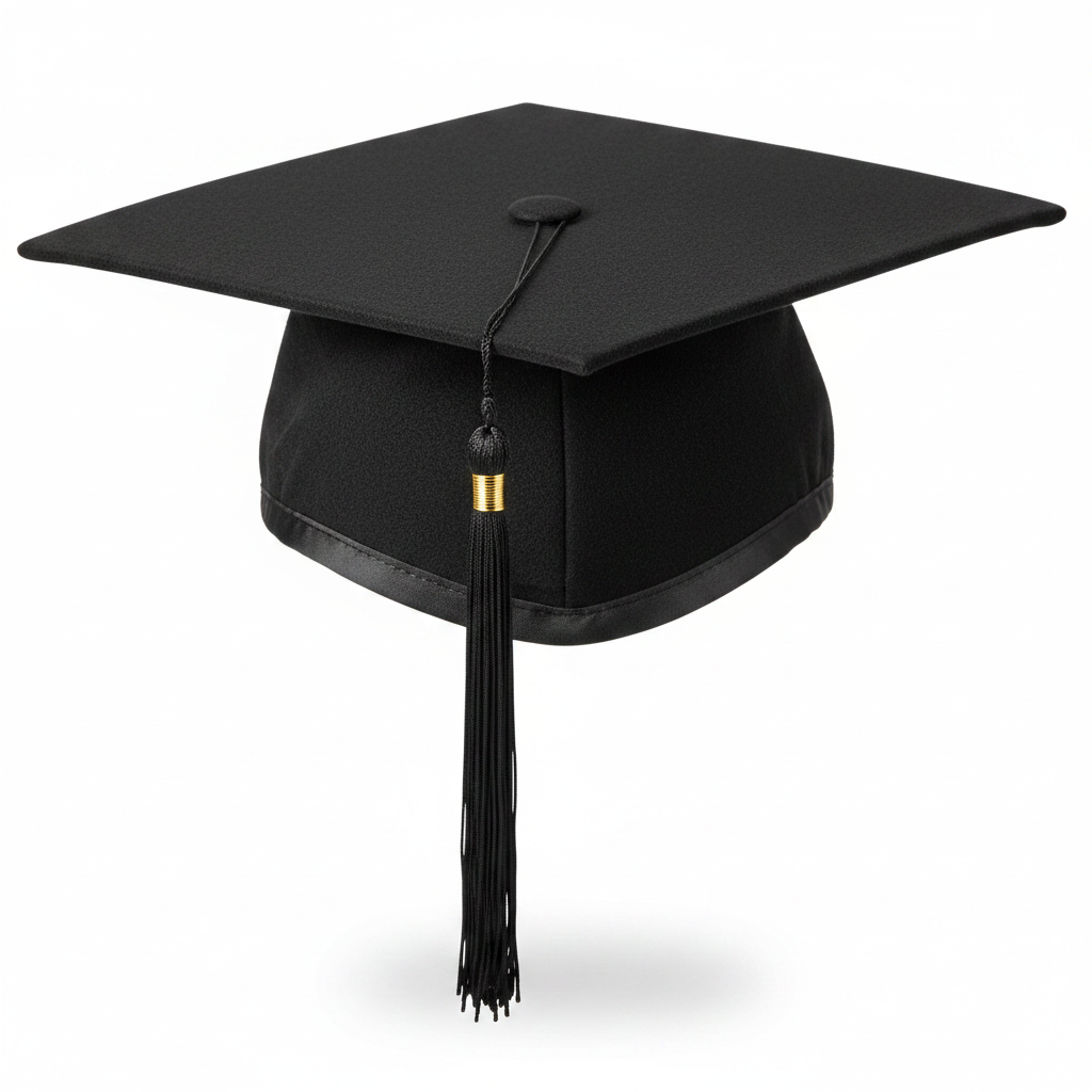 Black Academic Mortarboard Hat - Felt Top and Gold Button Tassel Detail