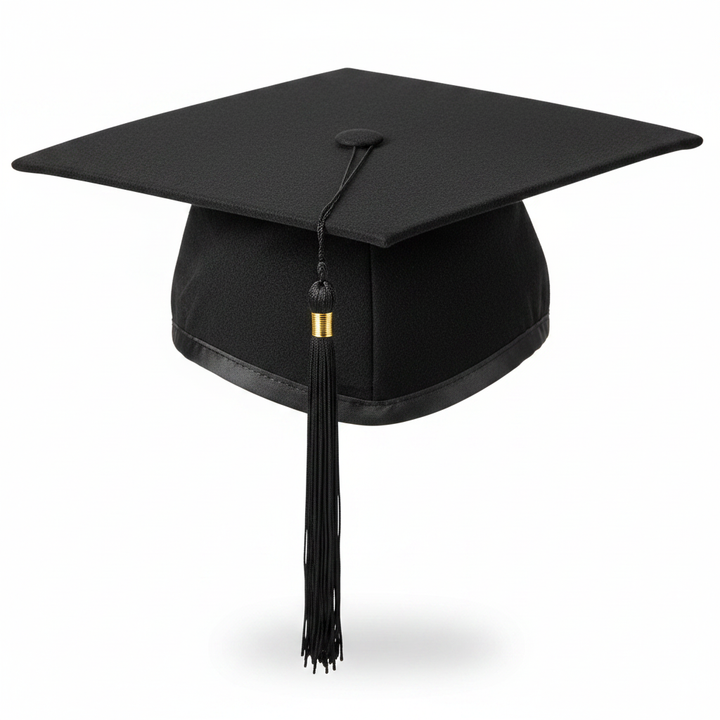 Black Academic Mortarboard Hat - Felt Top and Gold Button Tassel Detail