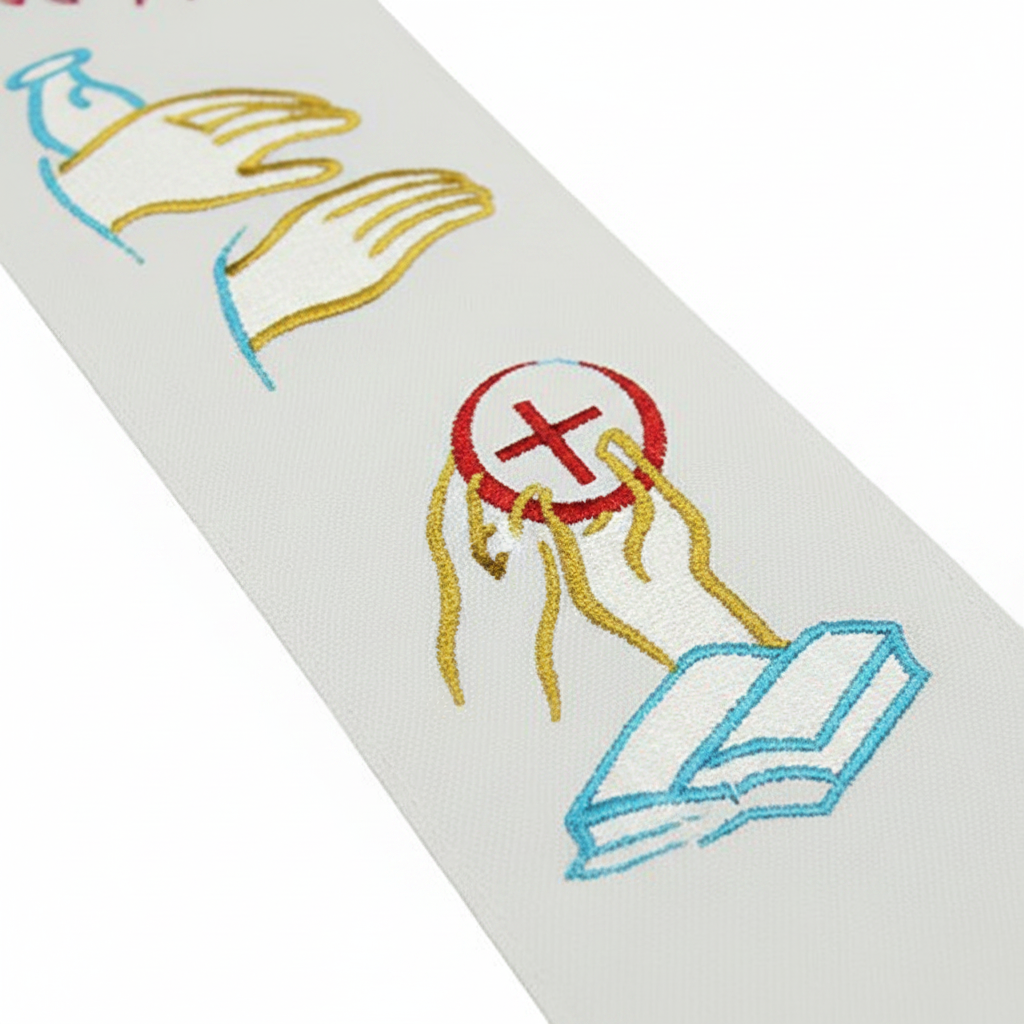 Close-up detail of the white side of the clergy stole showing colorful chalice, praying hands, and cross embroidery, macro shot, white background
