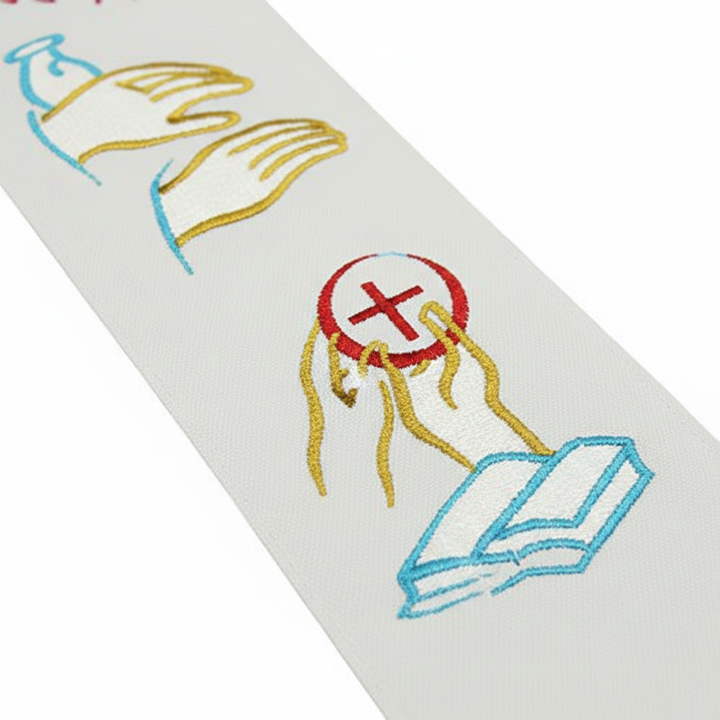 Close-up detail of the white side of the clergy stole showing colorful chalice, praying hands, and cross embroidery, macro shot, white background