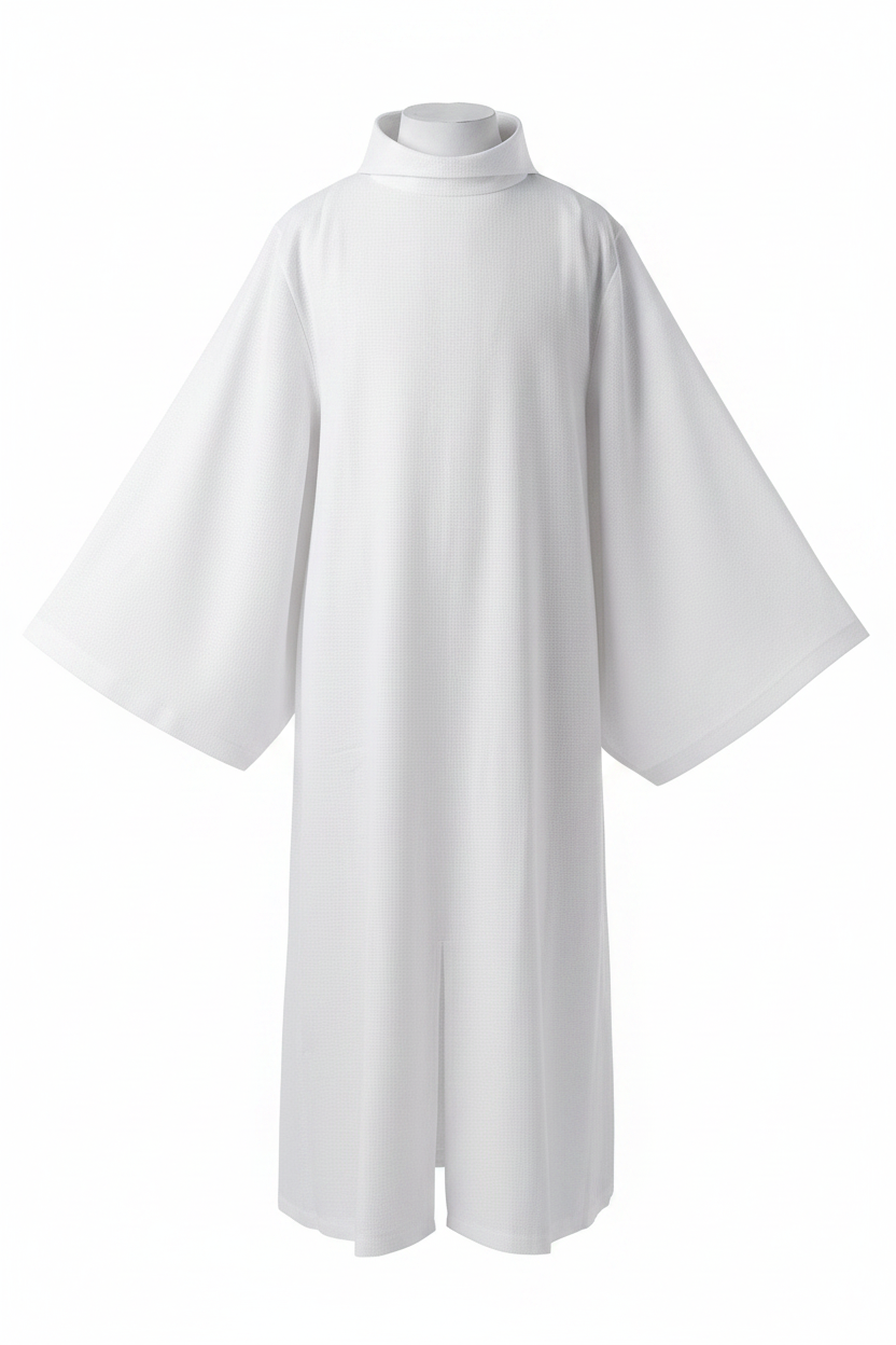 White liturgical alb surplice robe front view on invisible mannequin showing stand collar and wide bat-wing sleeves, pure white background
