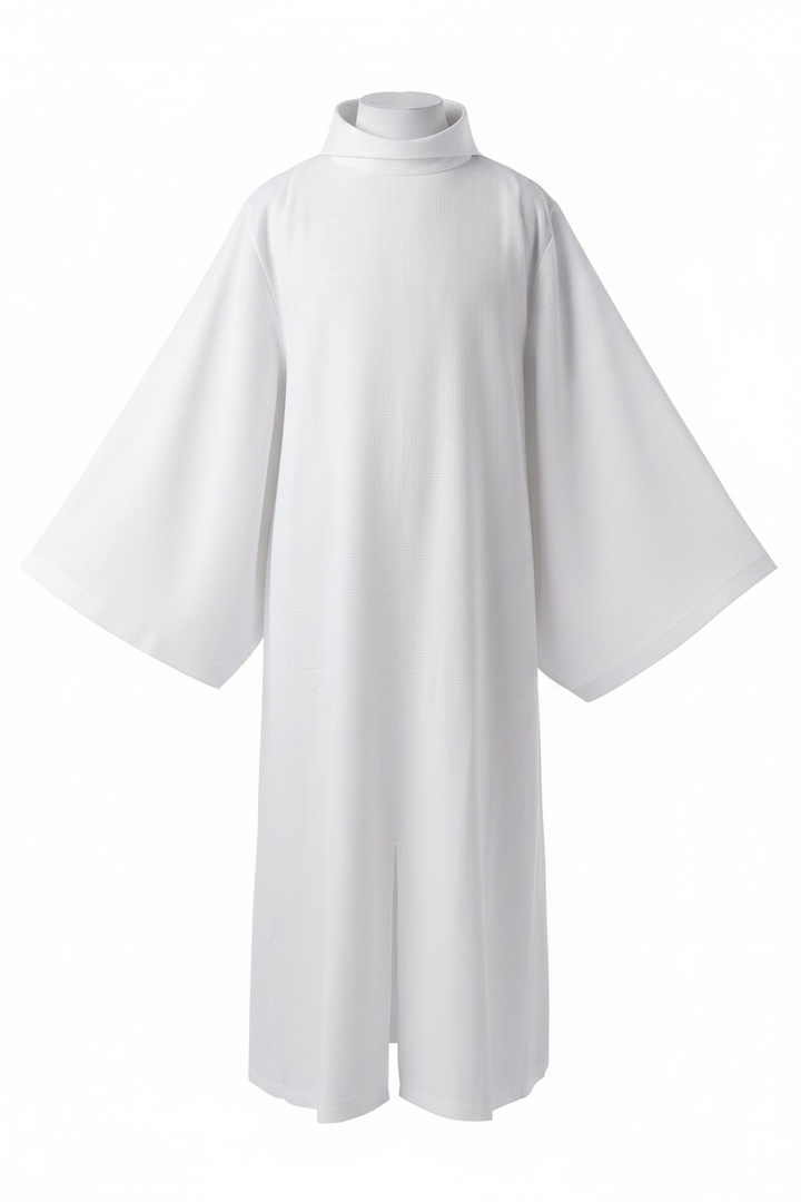 White liturgical alb surplice robe front view on invisible mannequin showing stand collar and wide bat-wing sleeves, pure white background
