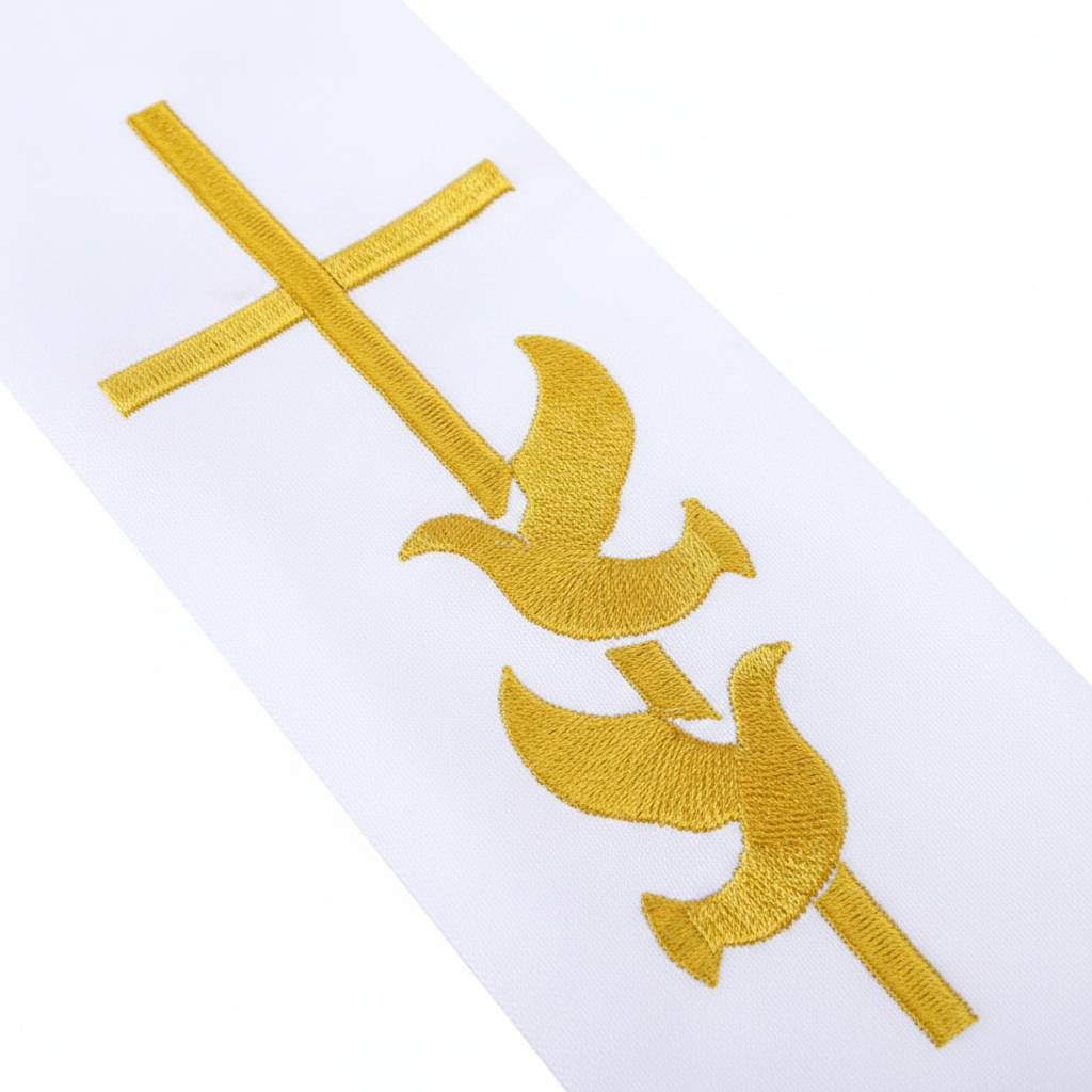 Close-up of Gold Embroidery Cross and Dove Detail on White Clergy Stole