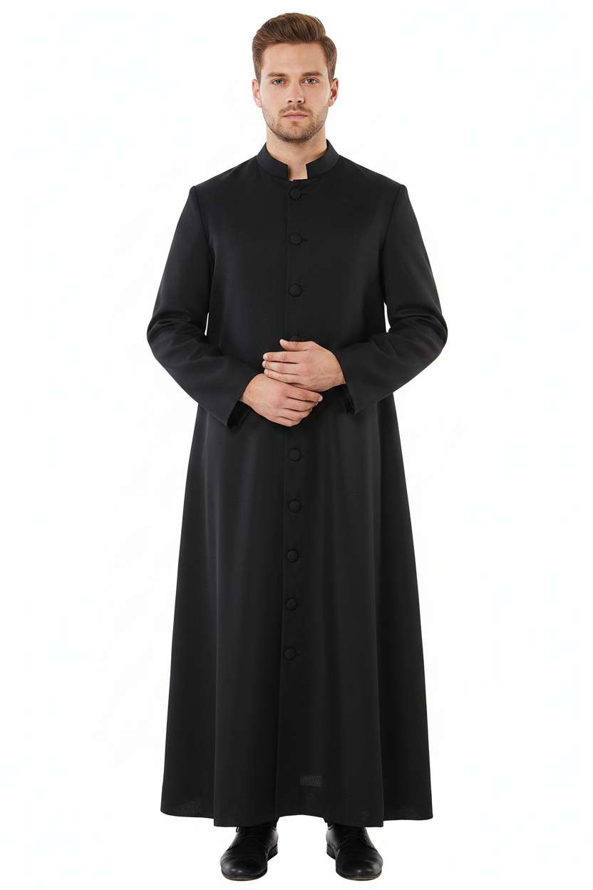 Male model wearing black stand collar cassock robe with single button front, full body front view, white background