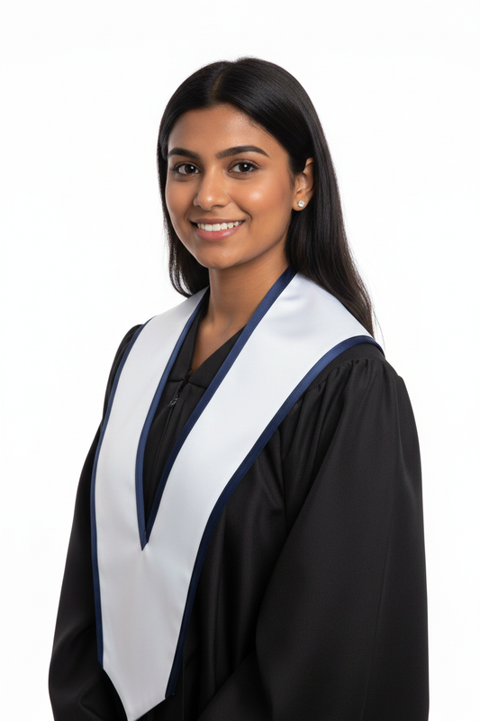 White Slanted Graduation Stole with Navy Blue Trim model display