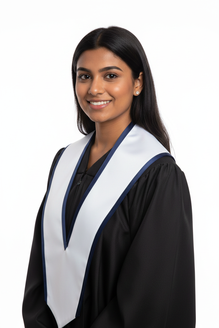White Slanted Graduation Stole with Navy Blue Trim model display
