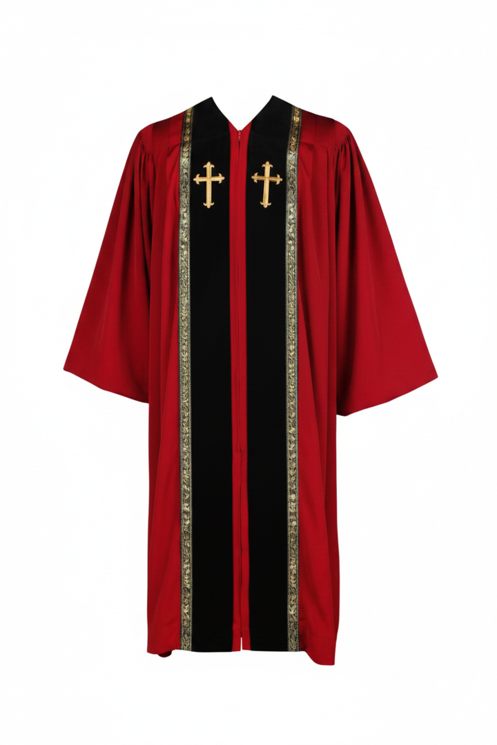Red clergy choir robe on invisible mannequin, center front black velvet stole with gold cross badges and wheat brocade trim, pure white background