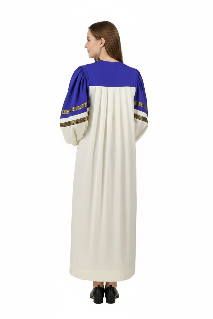 Female model wearing ivory and royal blue choir robe with gold brocade trim sleeves, full body back view with face visible, white background