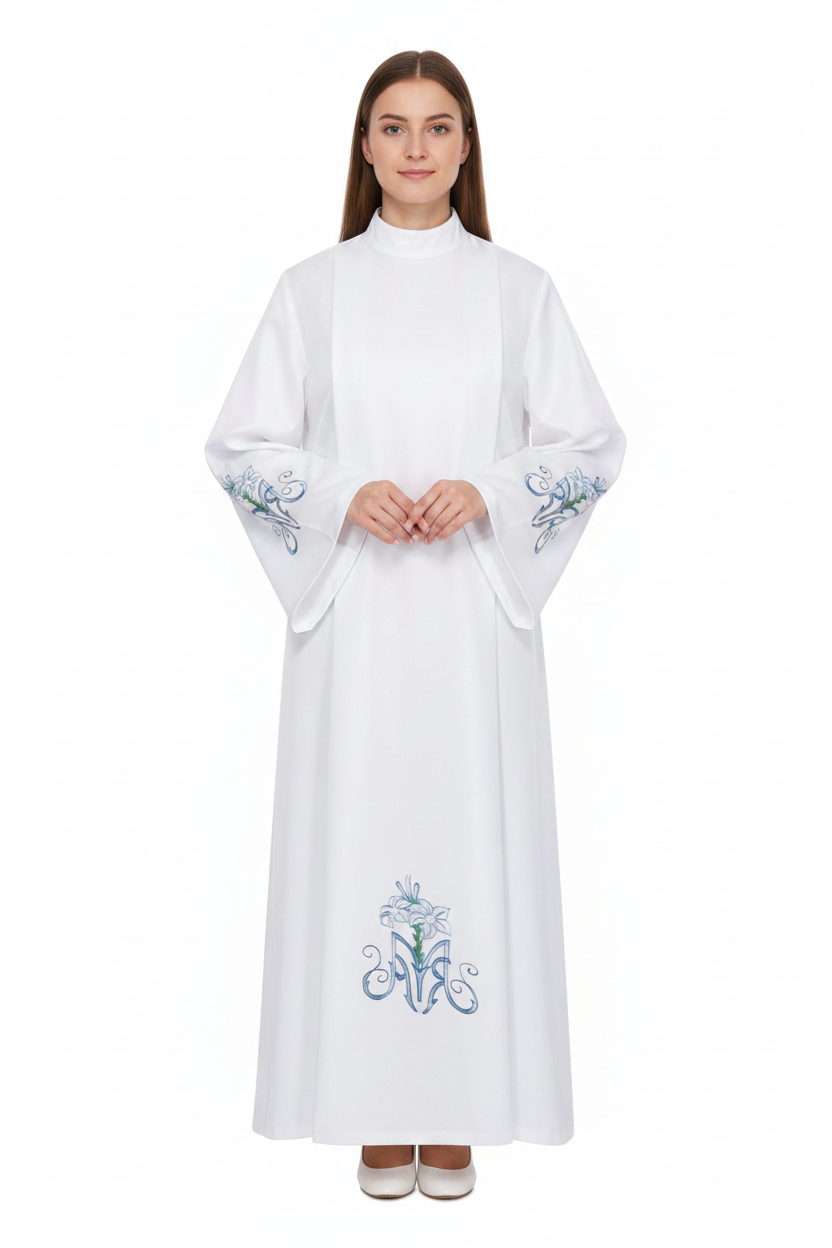 Female model wearing white Marian lily alb robe with blue embroidery full body front view, white background