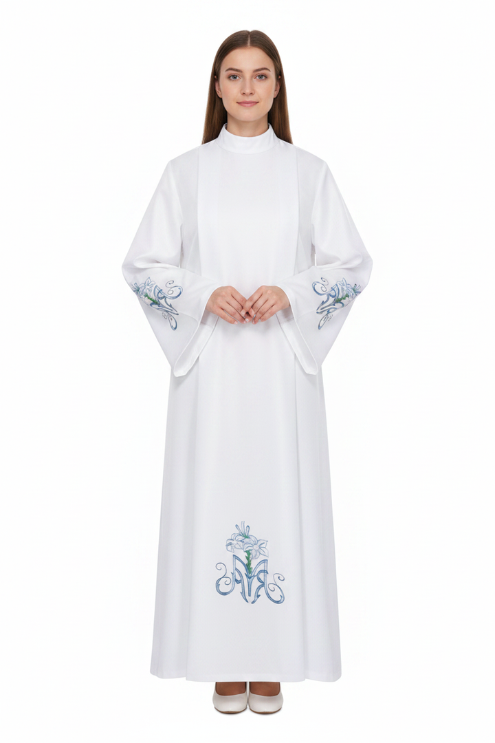 Female model wearing white Marian lily alb robe with blue embroidery full body front view, white background