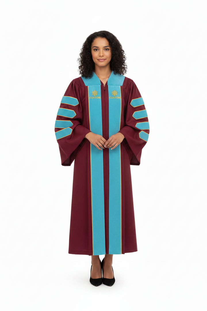 Female model wearing maroon doctoral gown with customizable emblem patches, white background