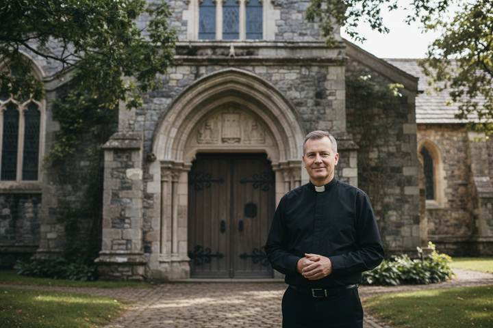 Priest in black long sleeve clergy shirt standing outside historic stone church