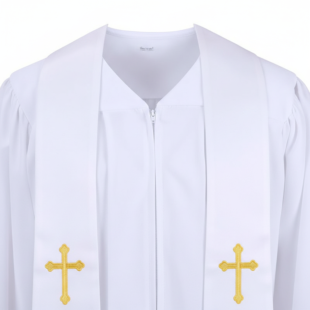 Close-up detail of white clergy robe showing V-neckline front zipper and white satin stole with gold cross embroidery, white background